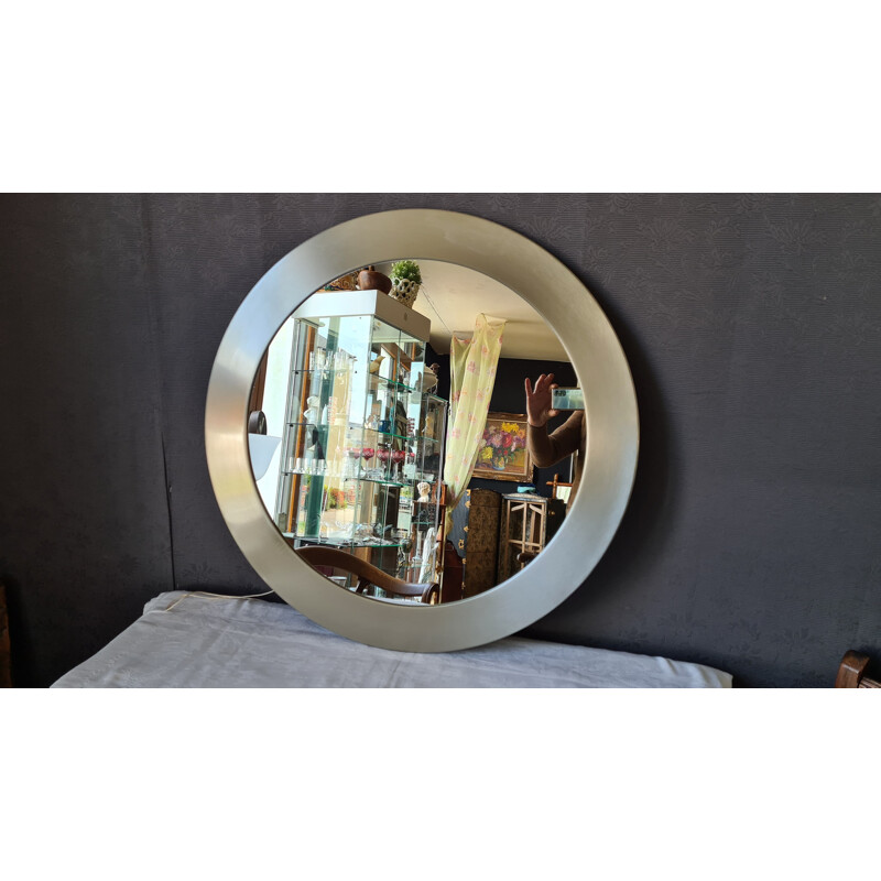Round vintage mirror in brushed aluminium, 1970