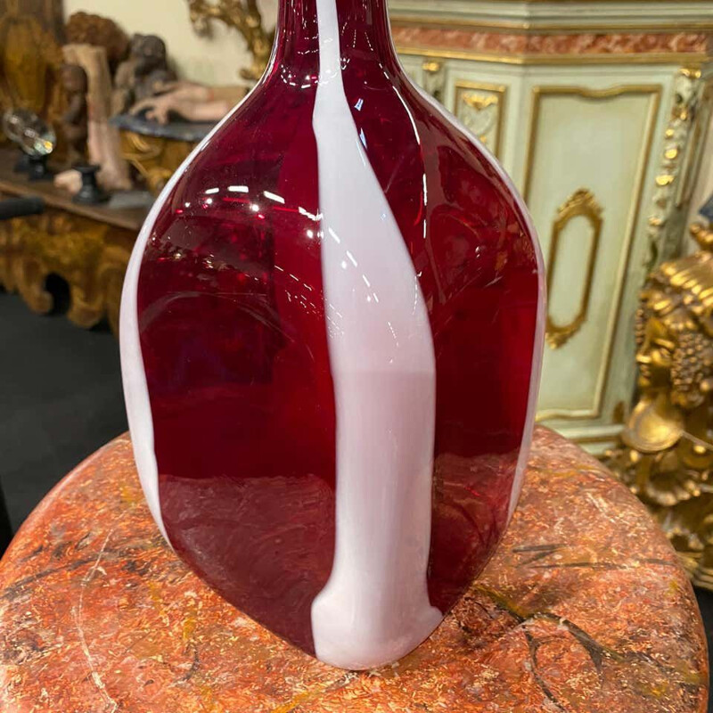 Vase vintage en verre de Murano rouge et blanc par Carlo Moretti, Italie 1980