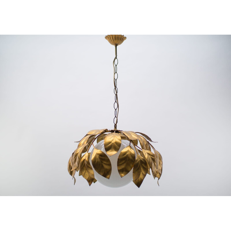 Vintage Florentine gold pendant light with opal glass shade, 1960