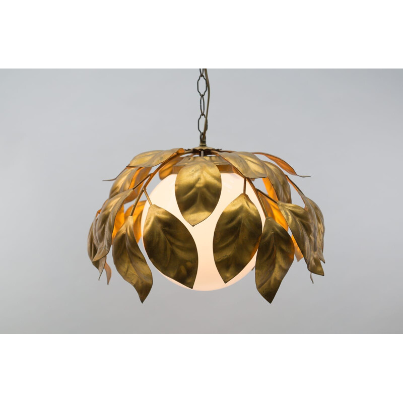 Vintage Florentine gold pendant light with opal glass shade, 1960