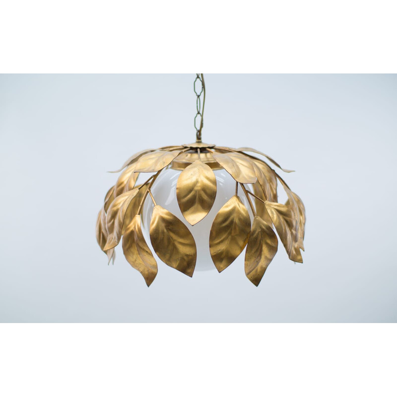 Florentinische Vintage-Hängeleuchte in Gold mit Opalglasschirm, 1960