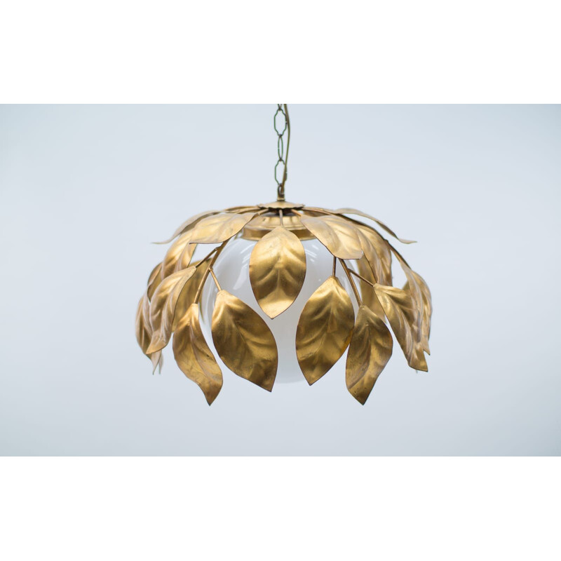Vintage Florentine gold pendant light with opal glass shade, 1960