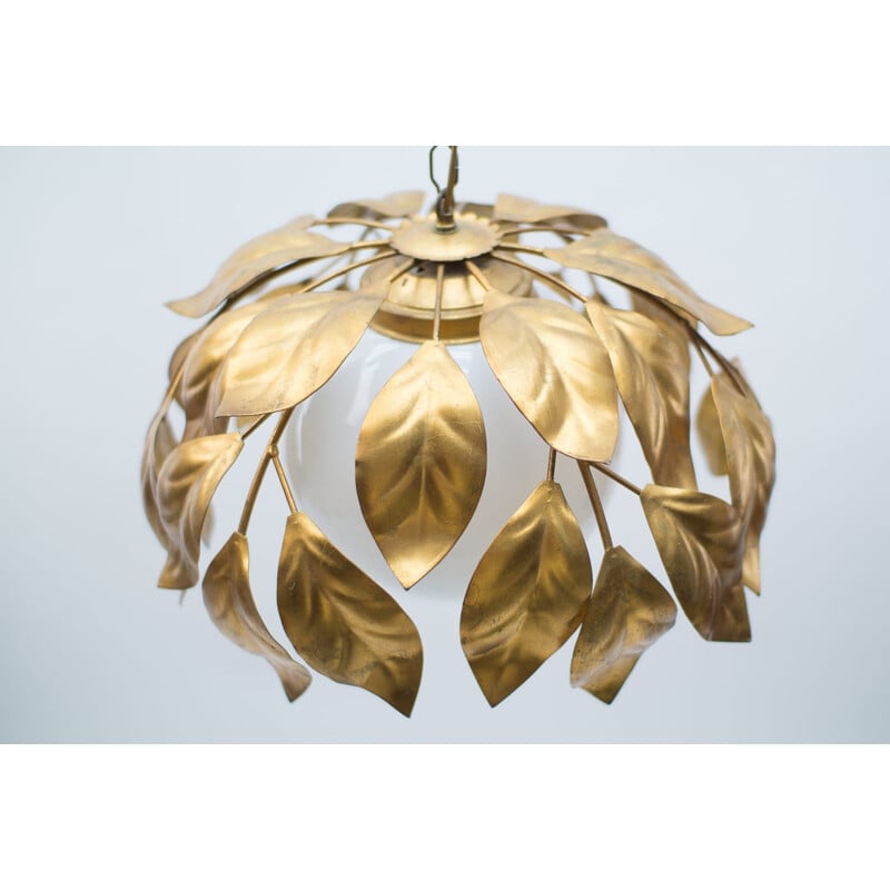 Vintage Florentine gold pendant light with opal glass shade, 1960