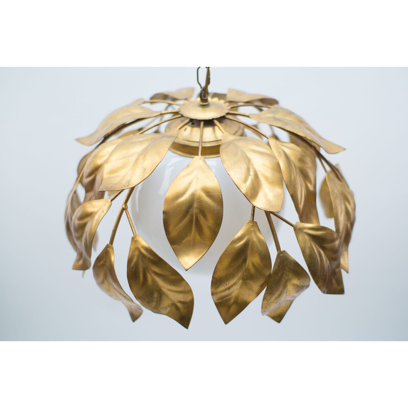 Vintage Florentine gold pendant light with opal glass shade, 1960