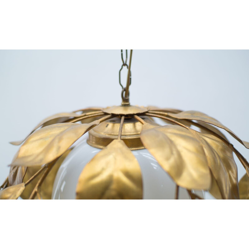 Vintage Florentine gold pendant light with opal glass shade, 1960