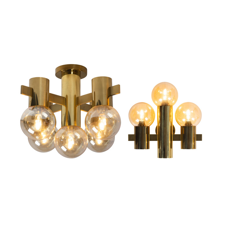 Vintage brass and smoked glass wall and ceiling light set by Hans Agne Jakobsson for Teka