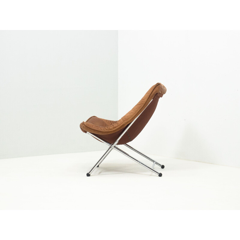 Vintage Molinari leather folding lounge chair by Teun van Zanten