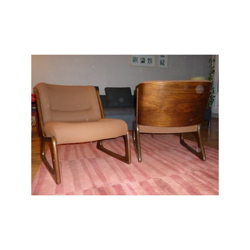 Pair of Baumann armchairs in brown fabric - 1960s