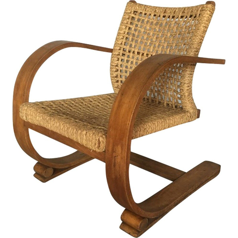 Vintage armchair in curved beechwood and woven raffia by Audoux & Minet, 1950