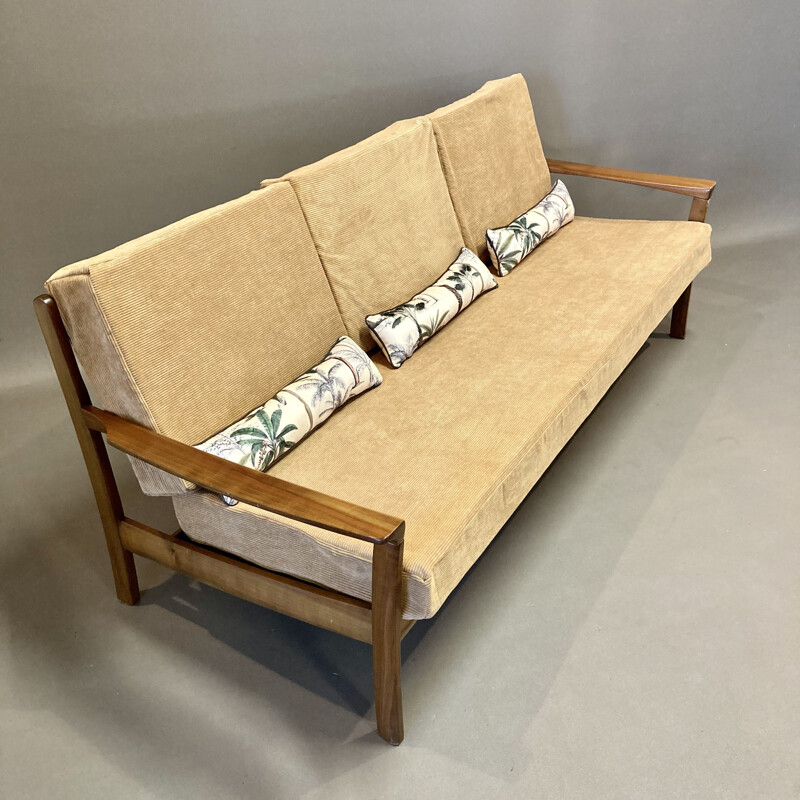 Scandinavian vintage teak and velvet 3-seater sofa, 1950