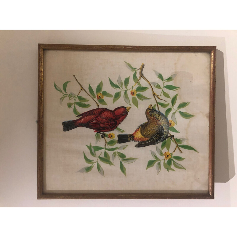 Pintura vintage de pájaros sobre tela, 1950