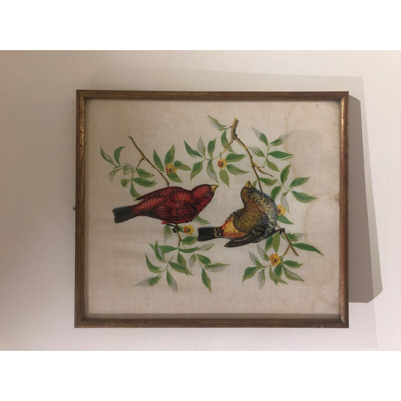 Pintura vintage de pájaros sobre tela, 1950