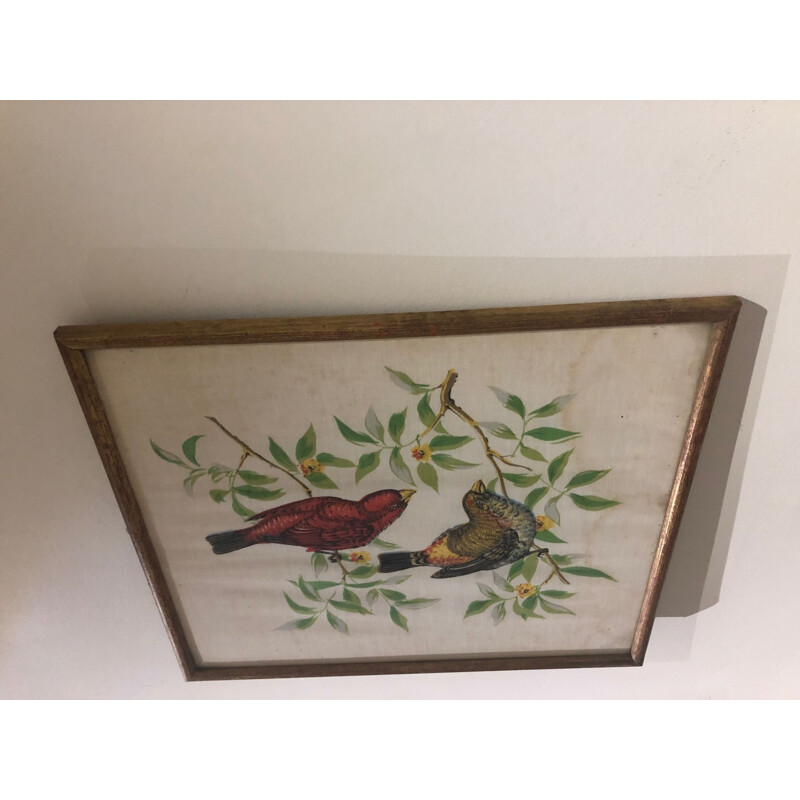 Pintura de aves vintage em tecido, 1950