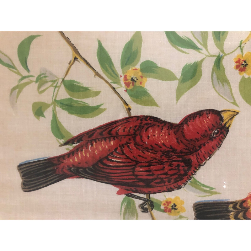 Vintage bird painting on fabric, 1950