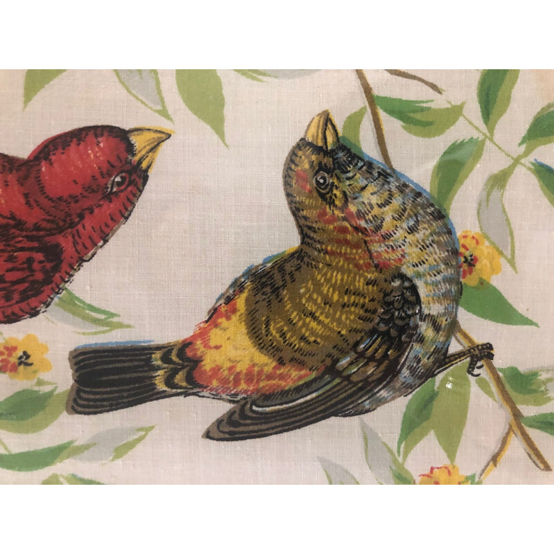 Vintage bird painting on fabric, 1950