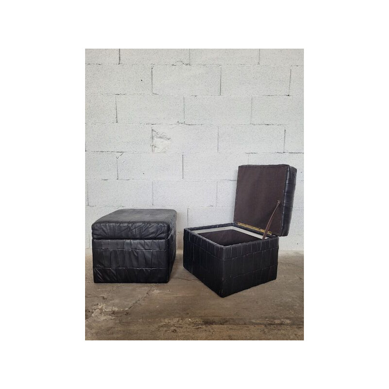 Pair of vintage black leather patchwork poufs by De Sède, 1960