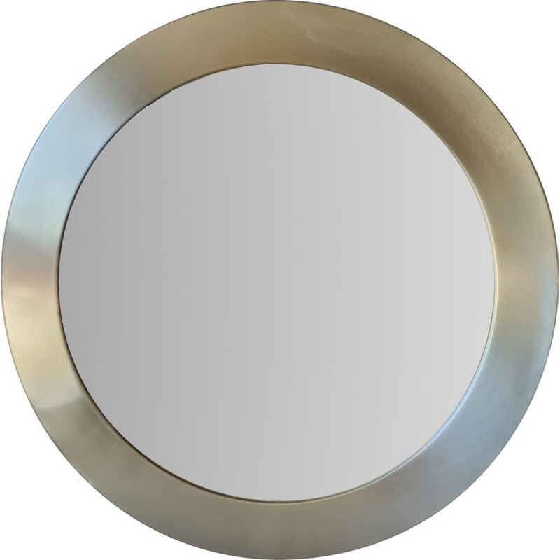 Round vintage mirror in brushed aluminium, 1970