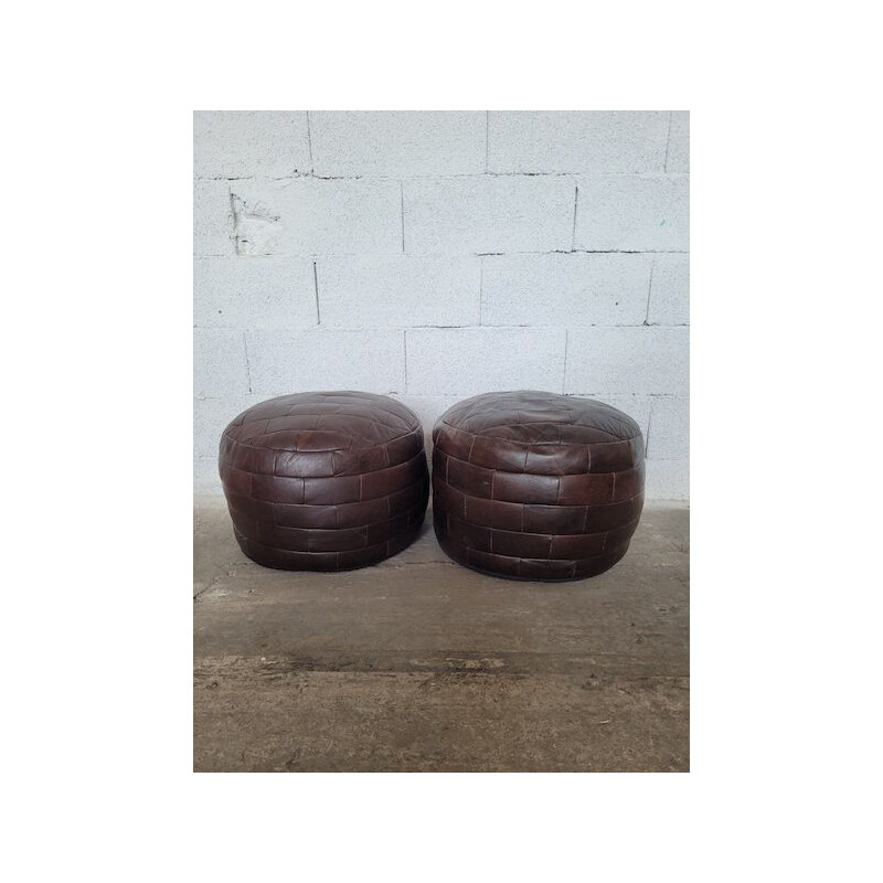 Pair of vintage brown leather patchwork poufs by De Sède, 1970