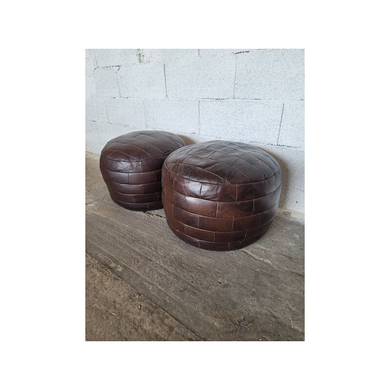 Pair of vintage brown leather patchwork poufs by De Sède, 1970