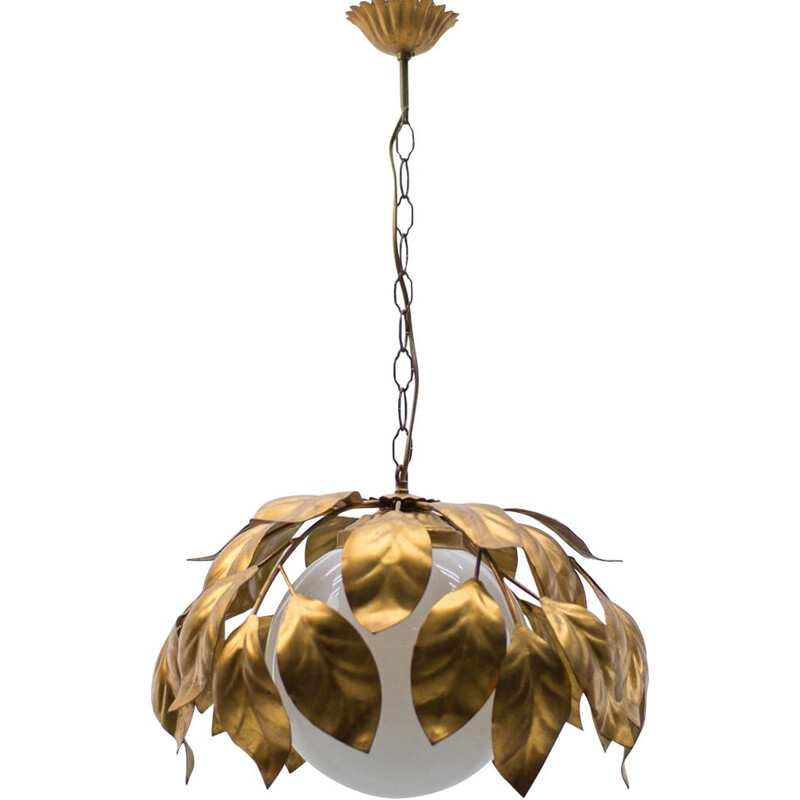 Vintage Florentine gold pendant light with opal glass shade, 1960