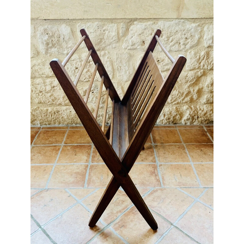 Vintage folding walnut magazine rack, 1960