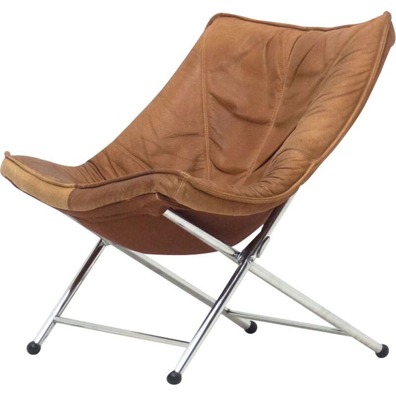 Vintage Molinari leather folding lounge chair by Teun van Zanten