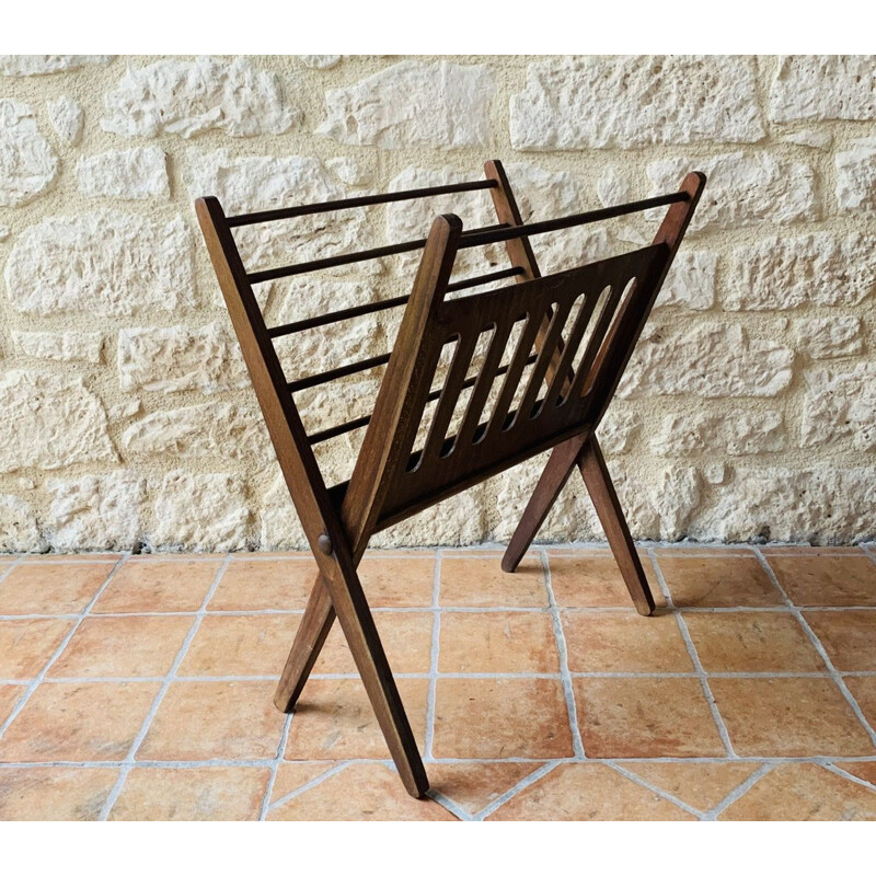 Vintage folding walnut magazine rack, 1960