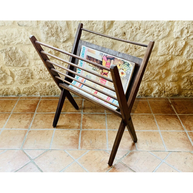 Vintage folding walnut magazine rack, 1960