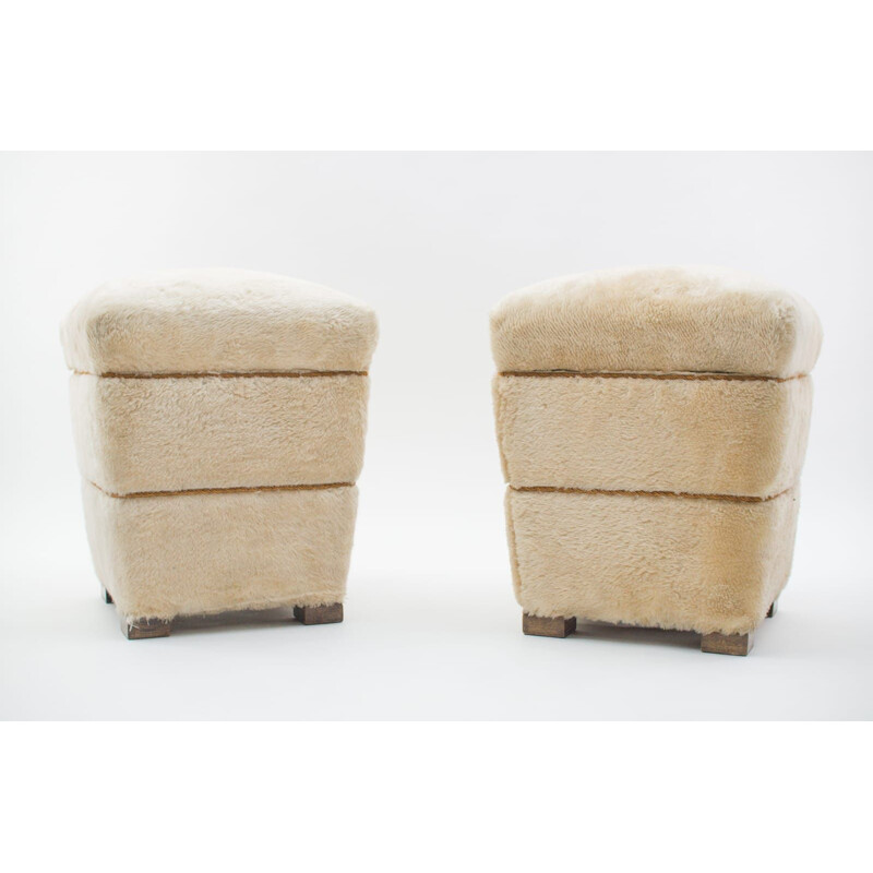 Pair of vintage plush stools, France 1950