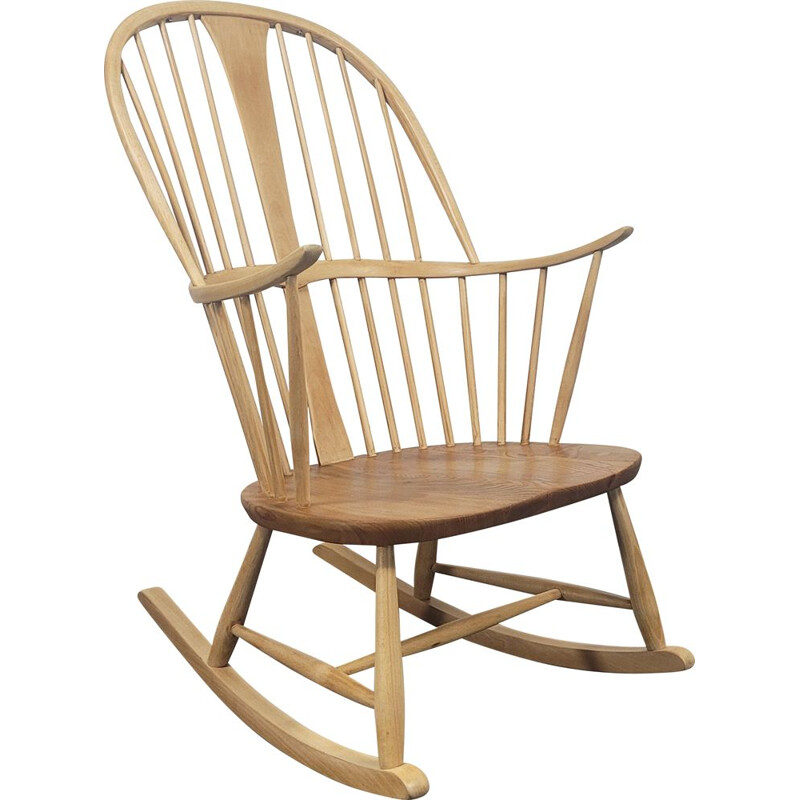 Chaise à bascule vintage Ercol en bois d'orme et de hêtre, 1960