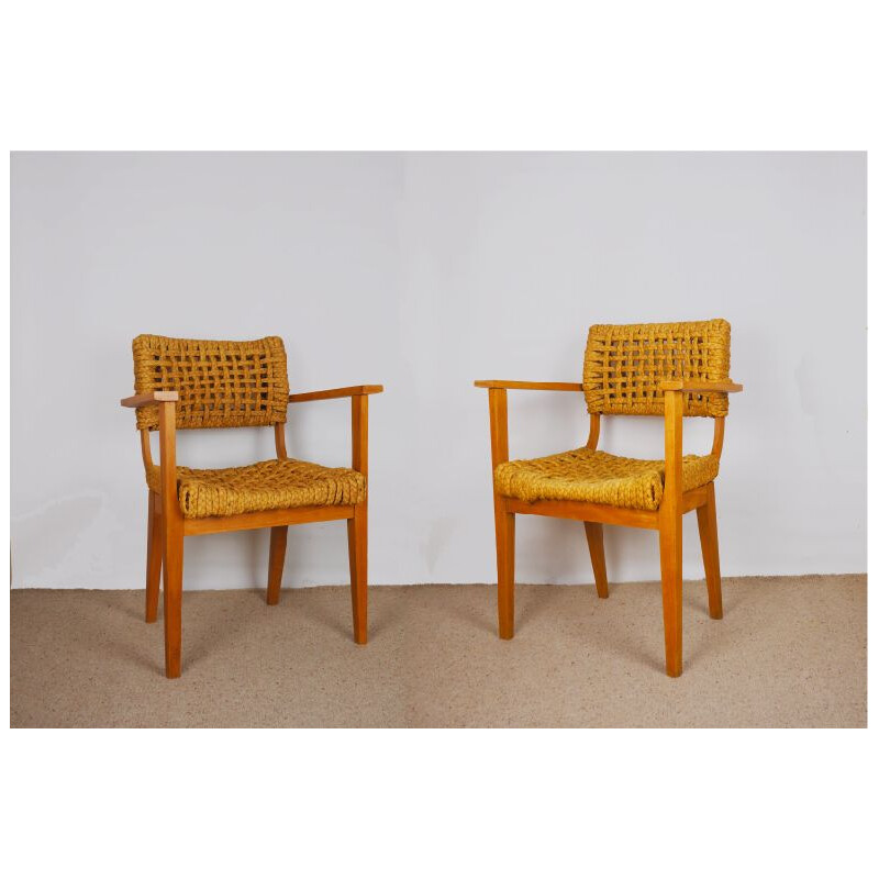 Pair of vintage beechwood and rope armchairs by Audoux Minet, 1950