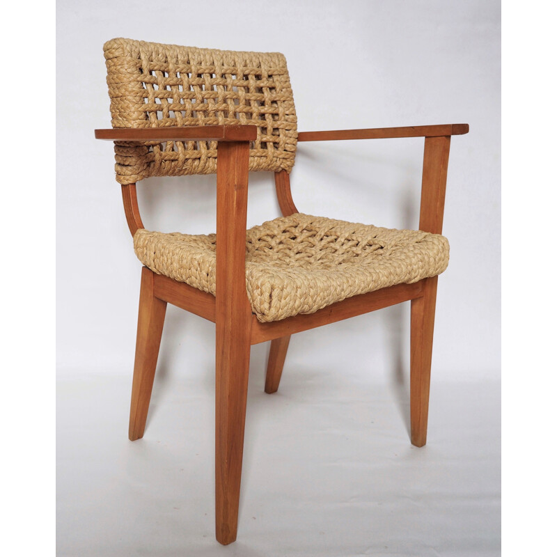 Pair of vintage beechwood and rope armchairs by Audoux Minet, 1950