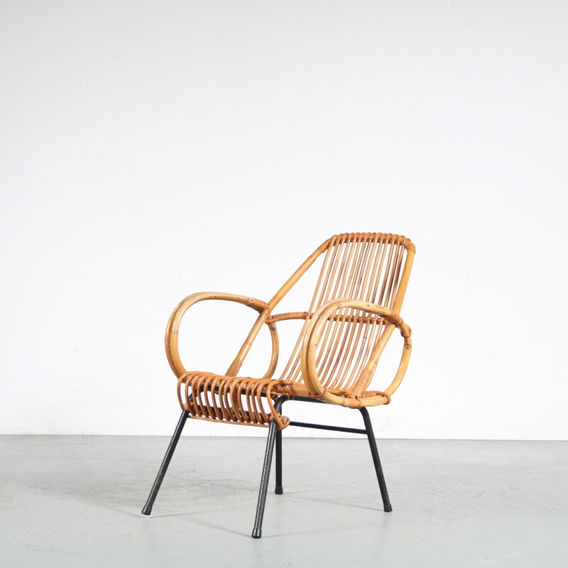 Poltrona Vintage rattan por Dirk van Sliedrecht para Gebroeders Jonkers, Holanda 1950