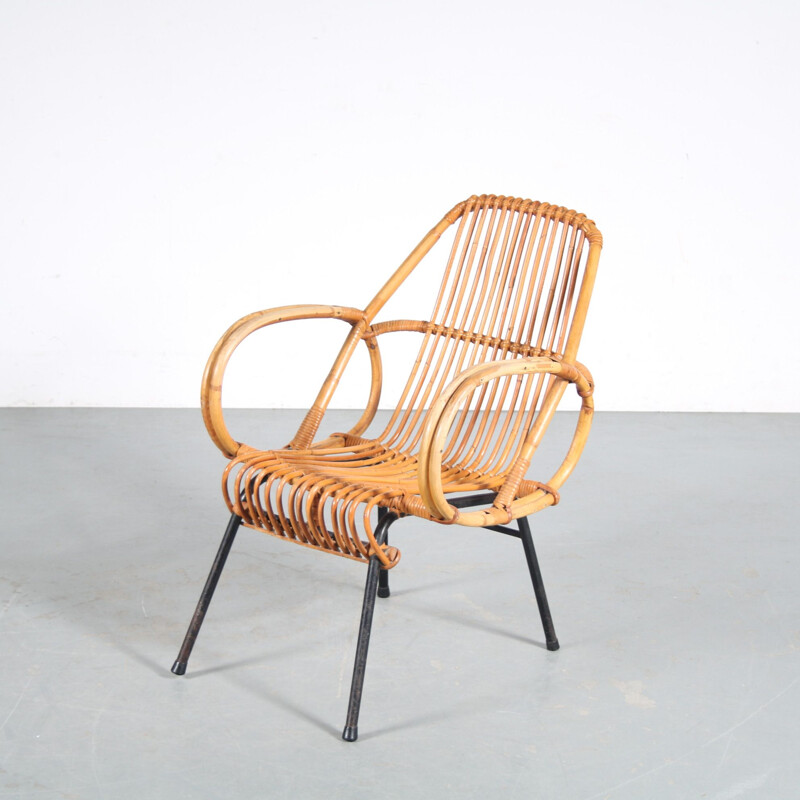 Poltrona vintage in rattan di Dirk van Sliedrecht per Gebroeders Jonkers, Paesi Bassi 1950