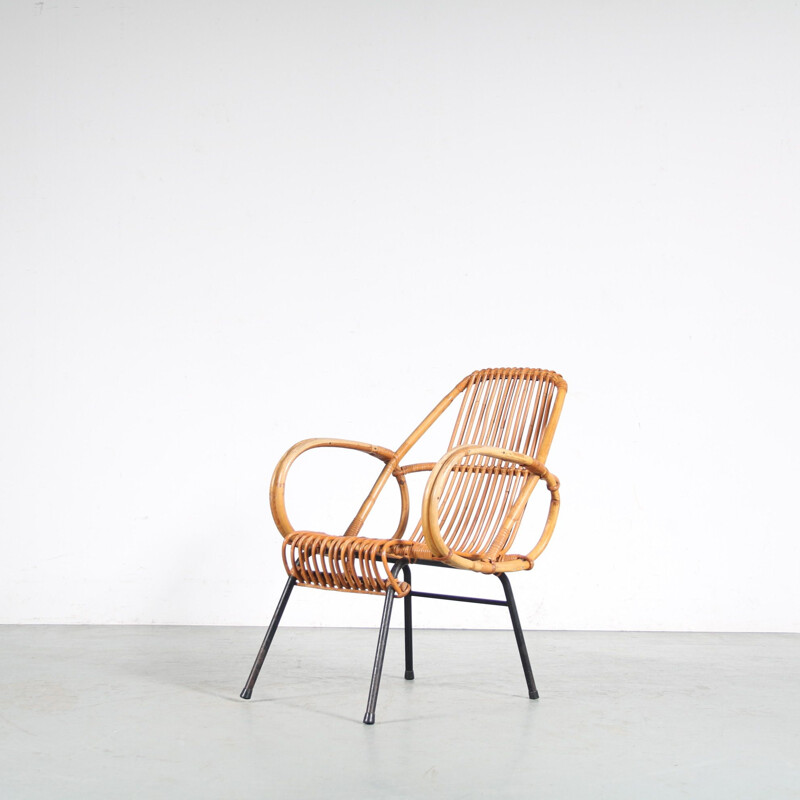 Vintage rattan armchair by Dirk van Sliedrecht for Gebroeders Jonkers, Netherlands 1950s