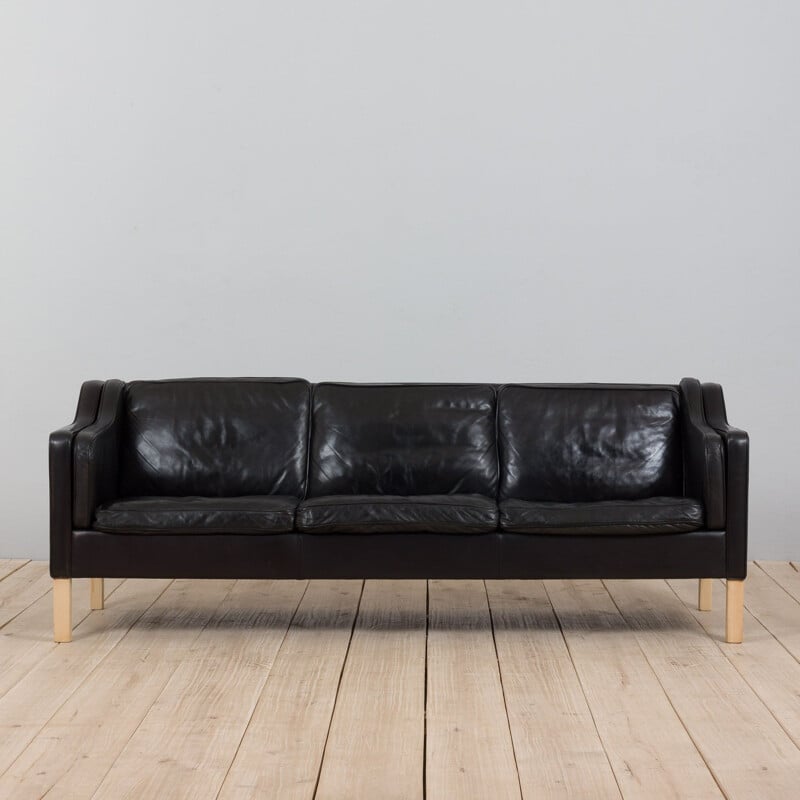 Vintage black aniline 3 seater sofa by Mogens Hansen