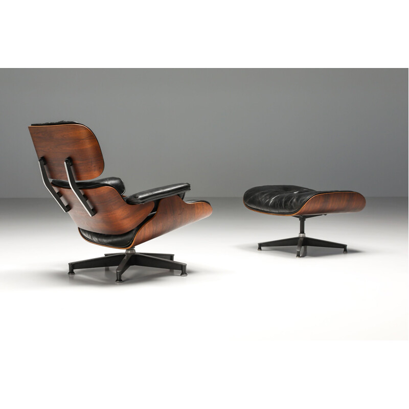 Sedia ottomana vintage in pelle e palissandro di Eames per Herman Miller, 1957