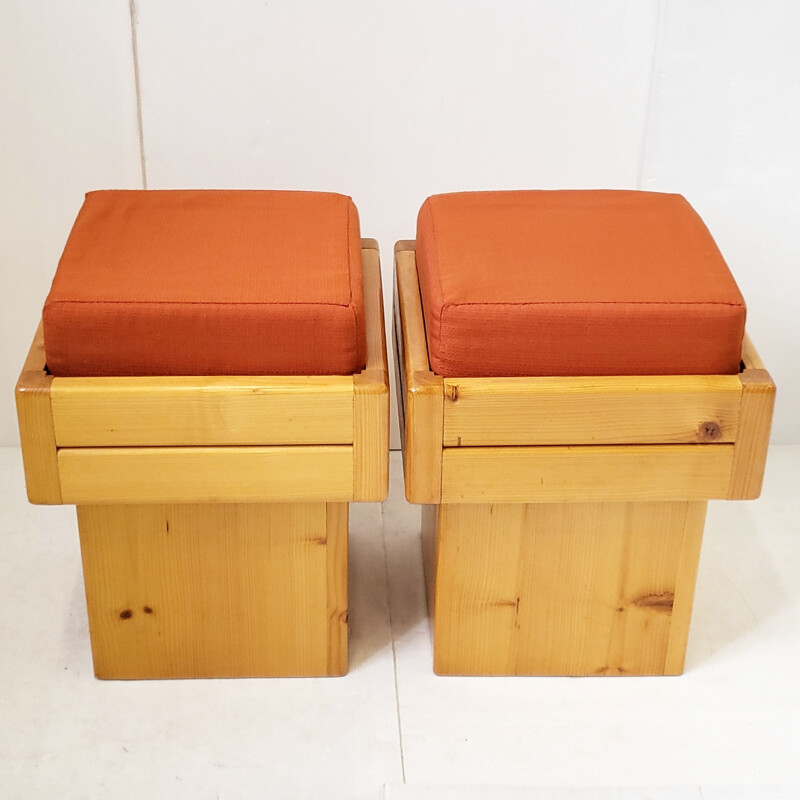 Pair of vintage pine poufs, 1970