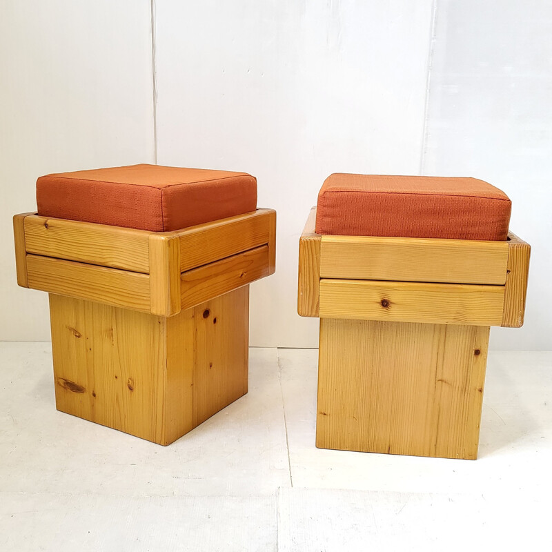 Pair of vintage pine poufs, 1970