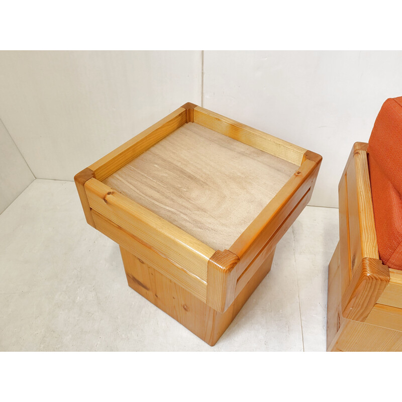 Pair of vintage pine poufs, 1970