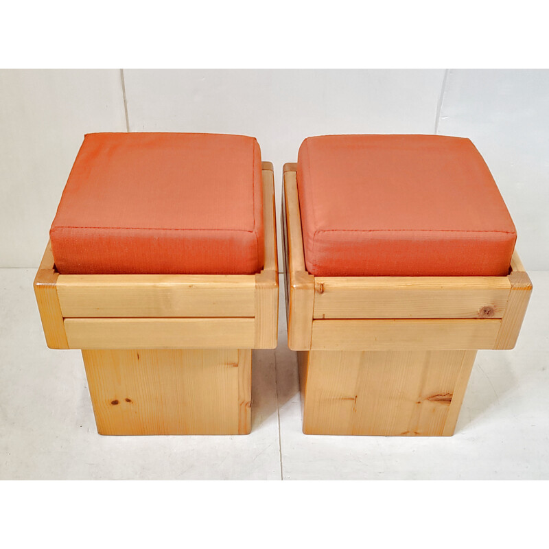 Pair of vintage pine poufs, 1970