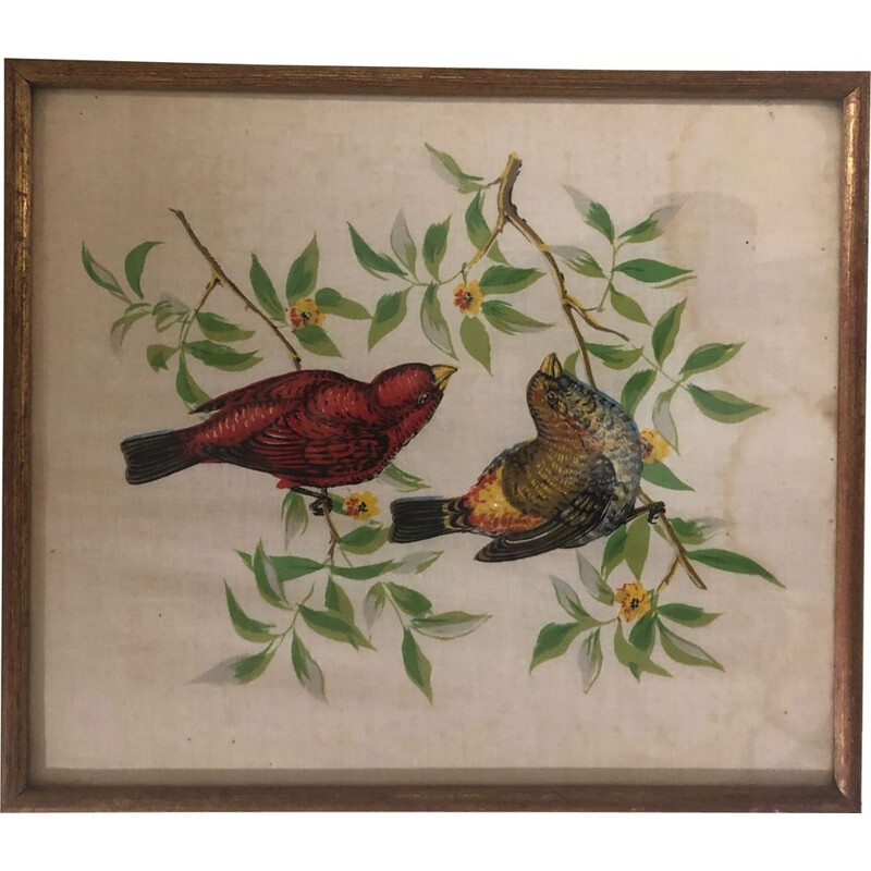 Pintura vintage de pájaros sobre tela, 1950