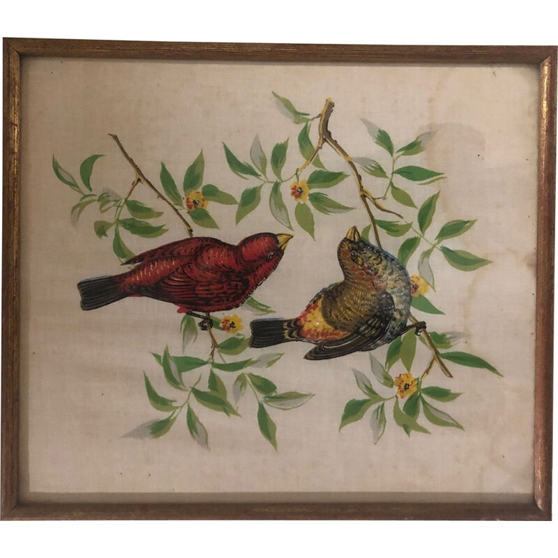 Vintage bird painting on fabric, 1950