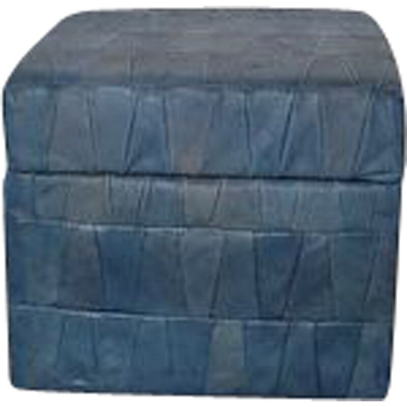 Vintage blue leather patchwork pouffe by De Sède, Switzerland 1970