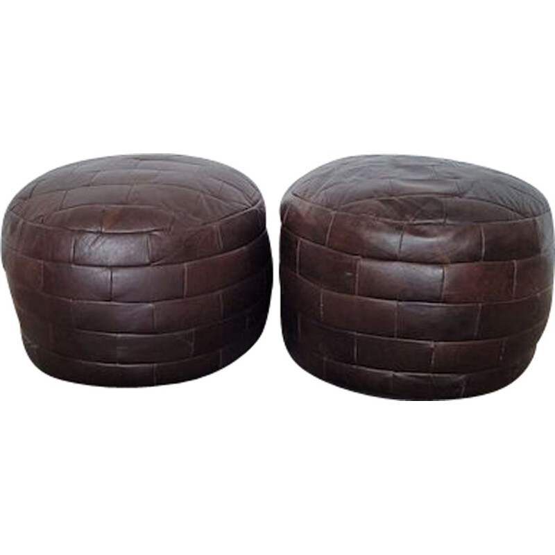 Pair of vintage brown leather patchwork poufs by De Sède, 1970