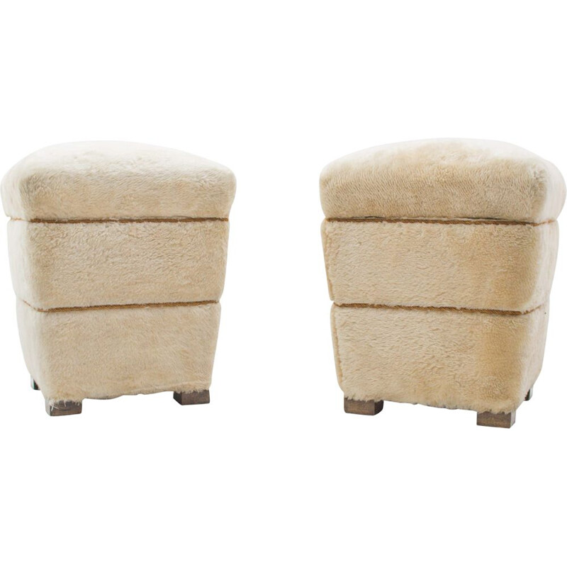 Pair of vintage plush stools, France 1950