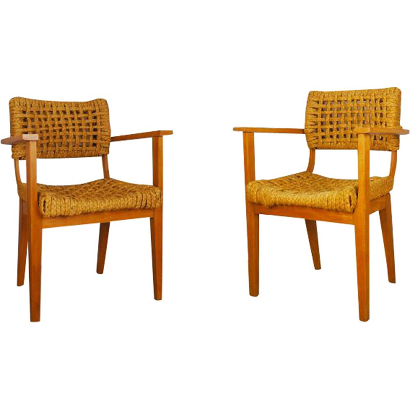 Pair of vintage beechwood and rope armchairs by Audoux Minet, 1950