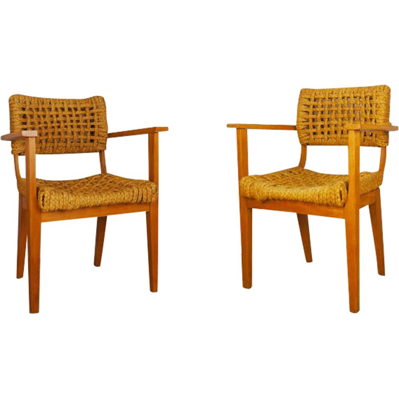 Paire de fauteuils vintage en bois de hêtre et corde d'Audoux Minet, 1950