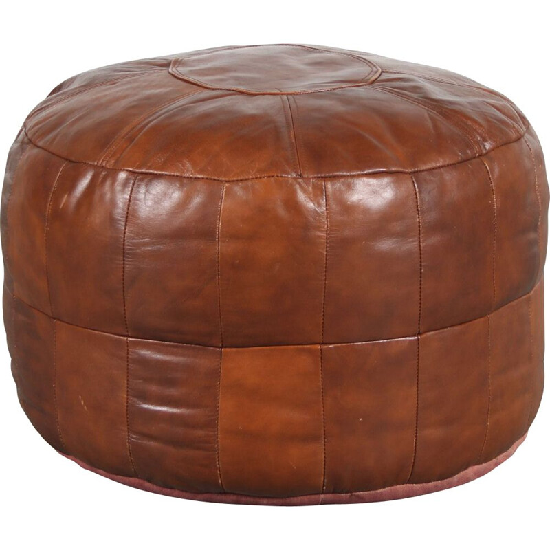 Pouf rond vintage en cuir, Pays-Bas 1970