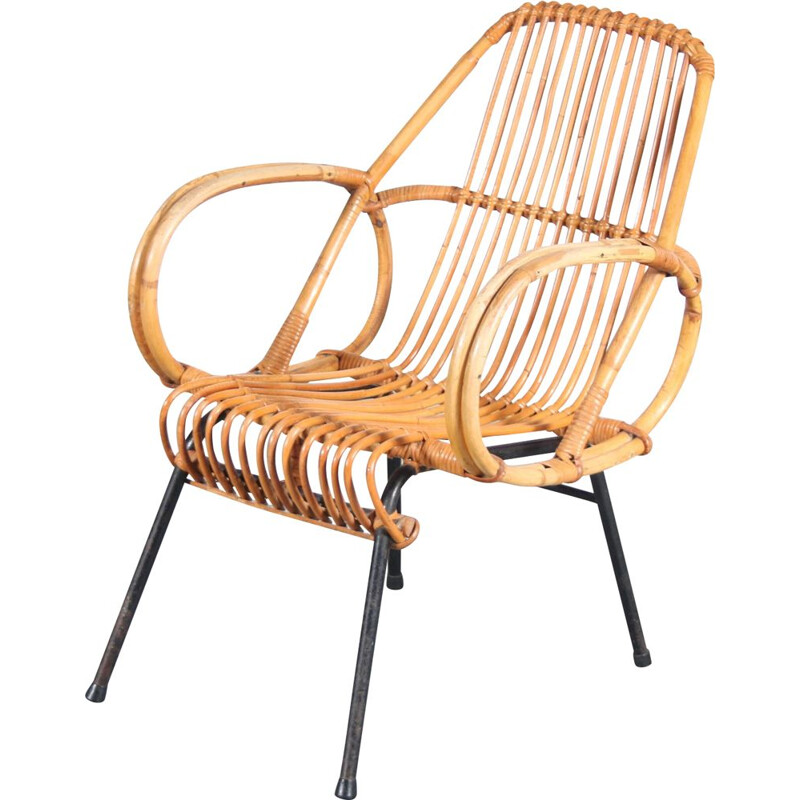 Poltrona vintage in rattan di Dirk van Sliedrecht per Gebroeders Jonkers, Paesi Bassi 1950